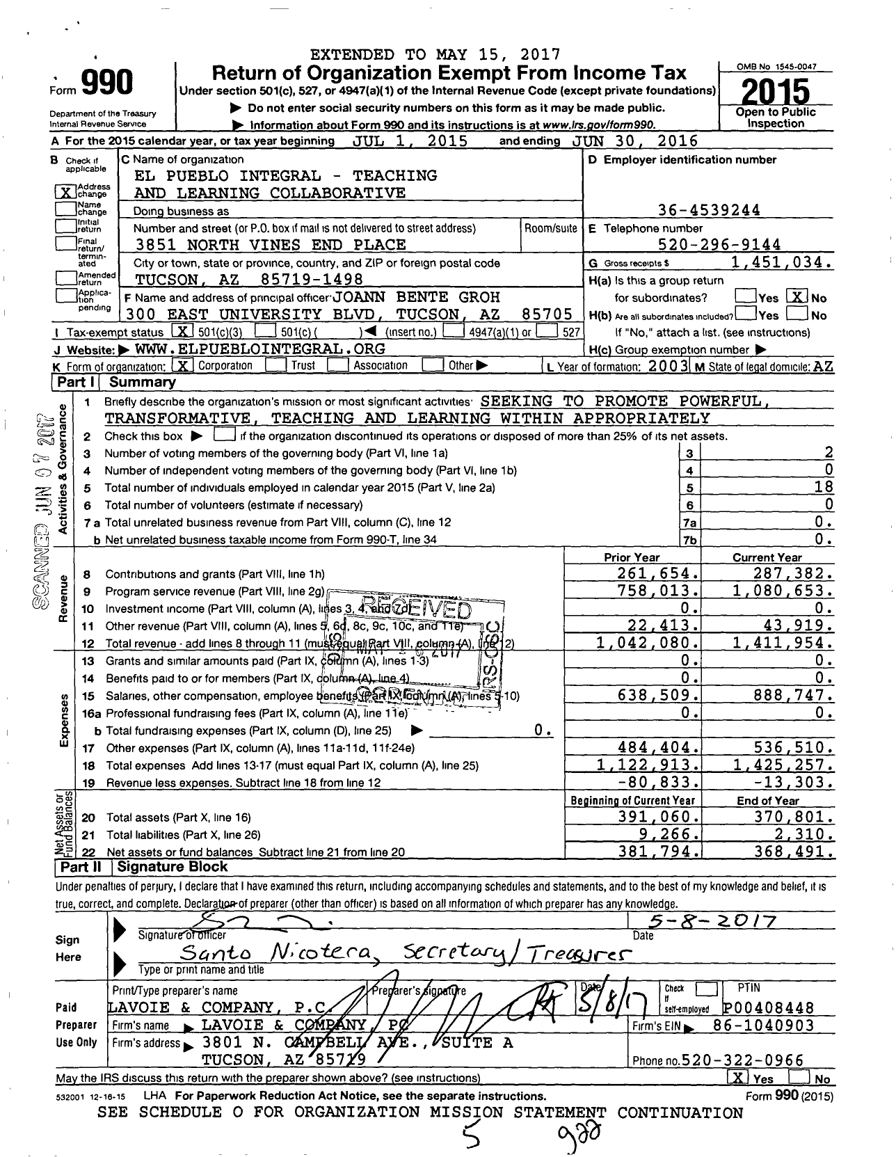 Image of first page of 2015 Form 990 for El Pueblo Integral Teaching and Learning Collaborative