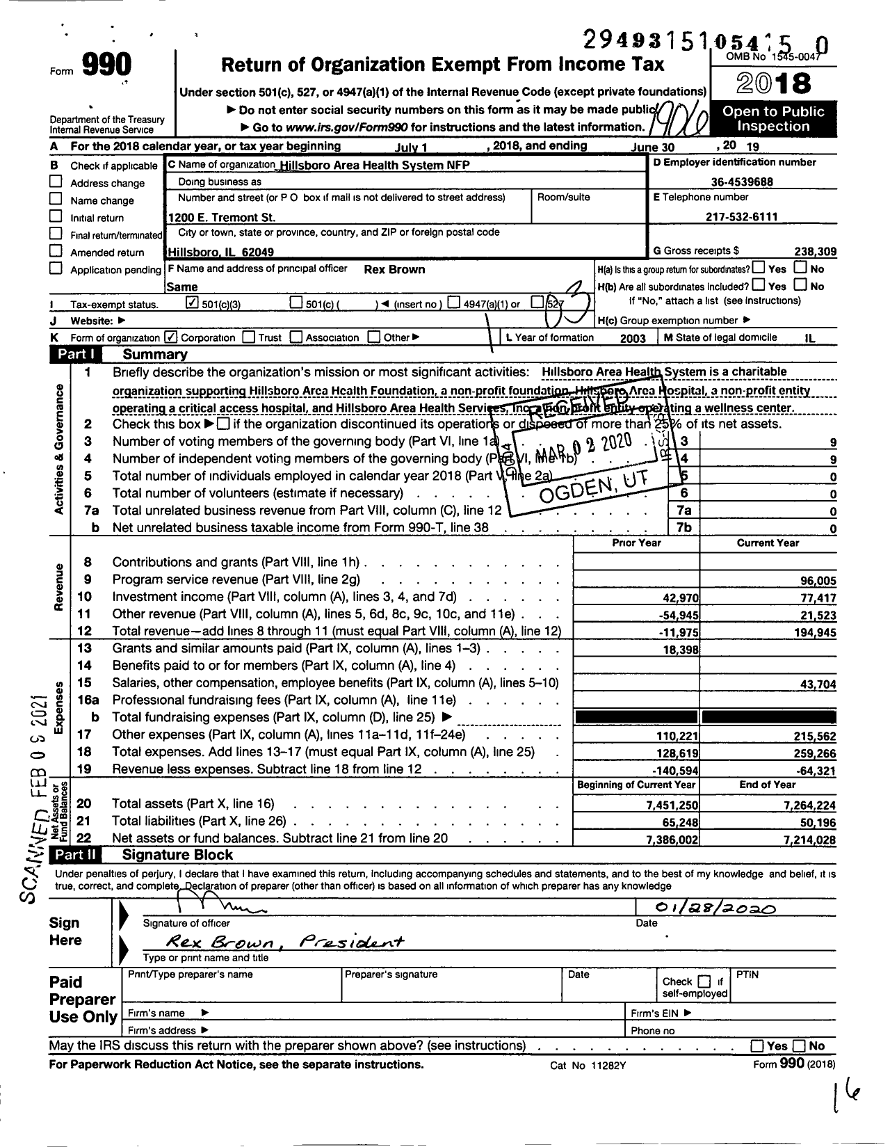 Image of first page of 2018 Form 990 for Hillsboro Area Health System NFP