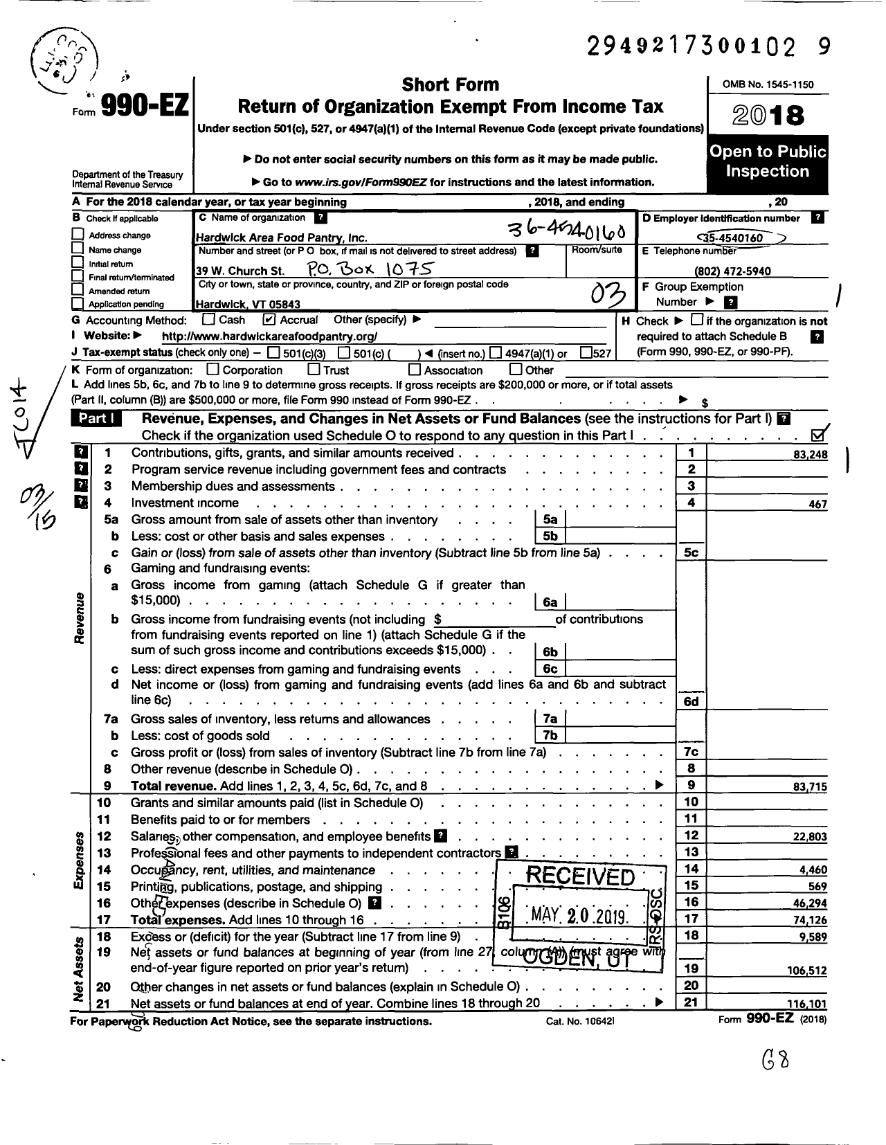 Image of first page of 2018 Form 990EZ for Hardwick Area Food Pantry