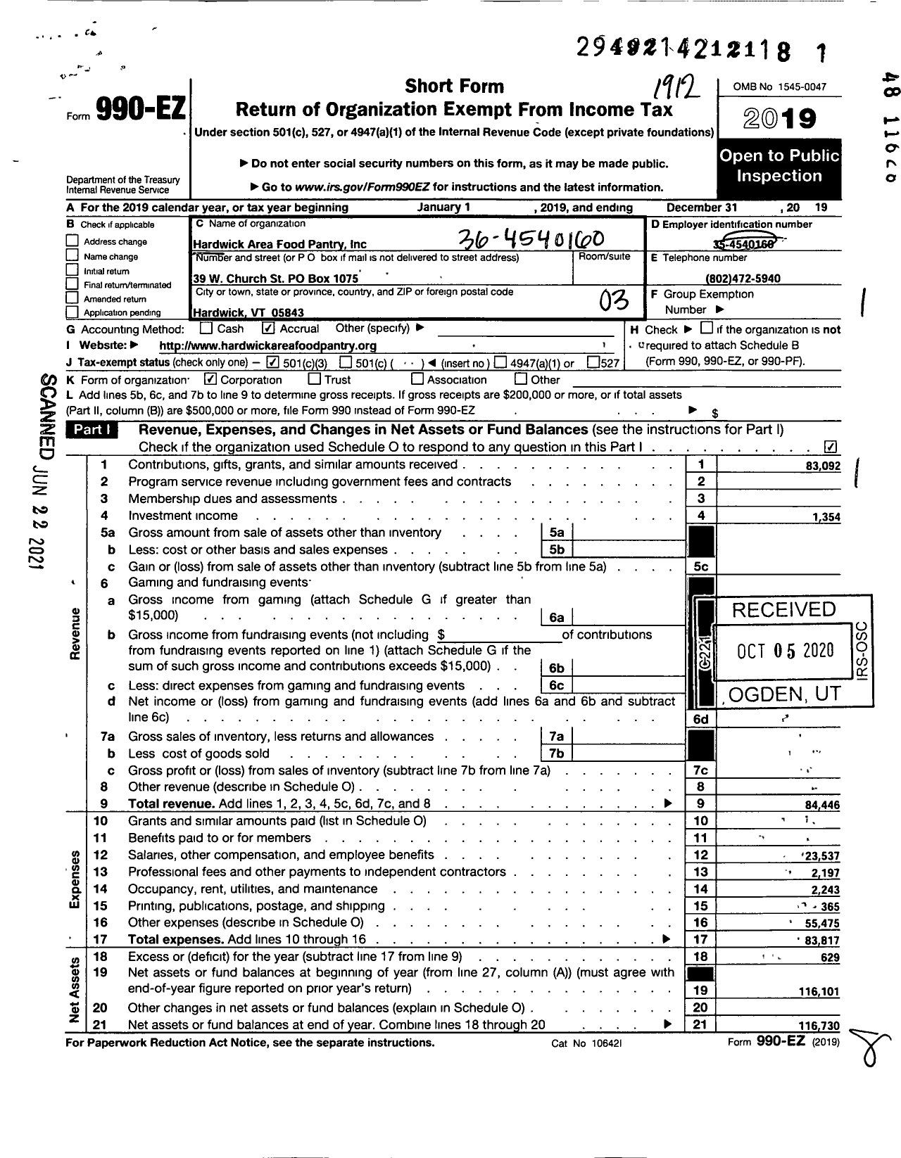 Image of first page of 2019 Form 990EZ for Hardwick Area Food Pantry