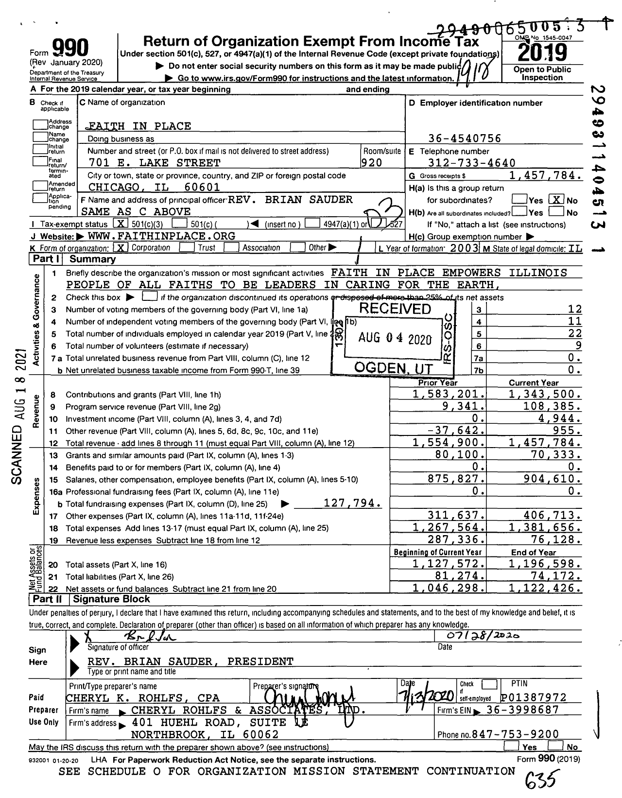 Image of first page of 2019 Form 990 for Faith in Place