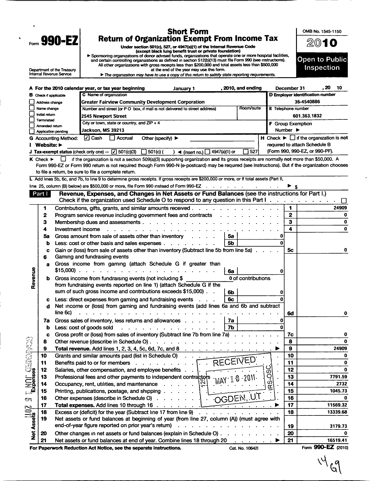 Image of first page of 2010 Form 990EZ for Greater Fairview Community Development Corporation