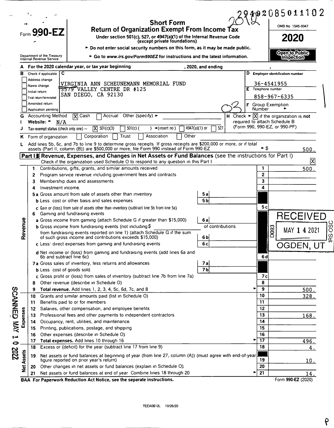 Image of first page of 2020 Form 990EZ for Virginia Ann Scheunemann Memorial Fund