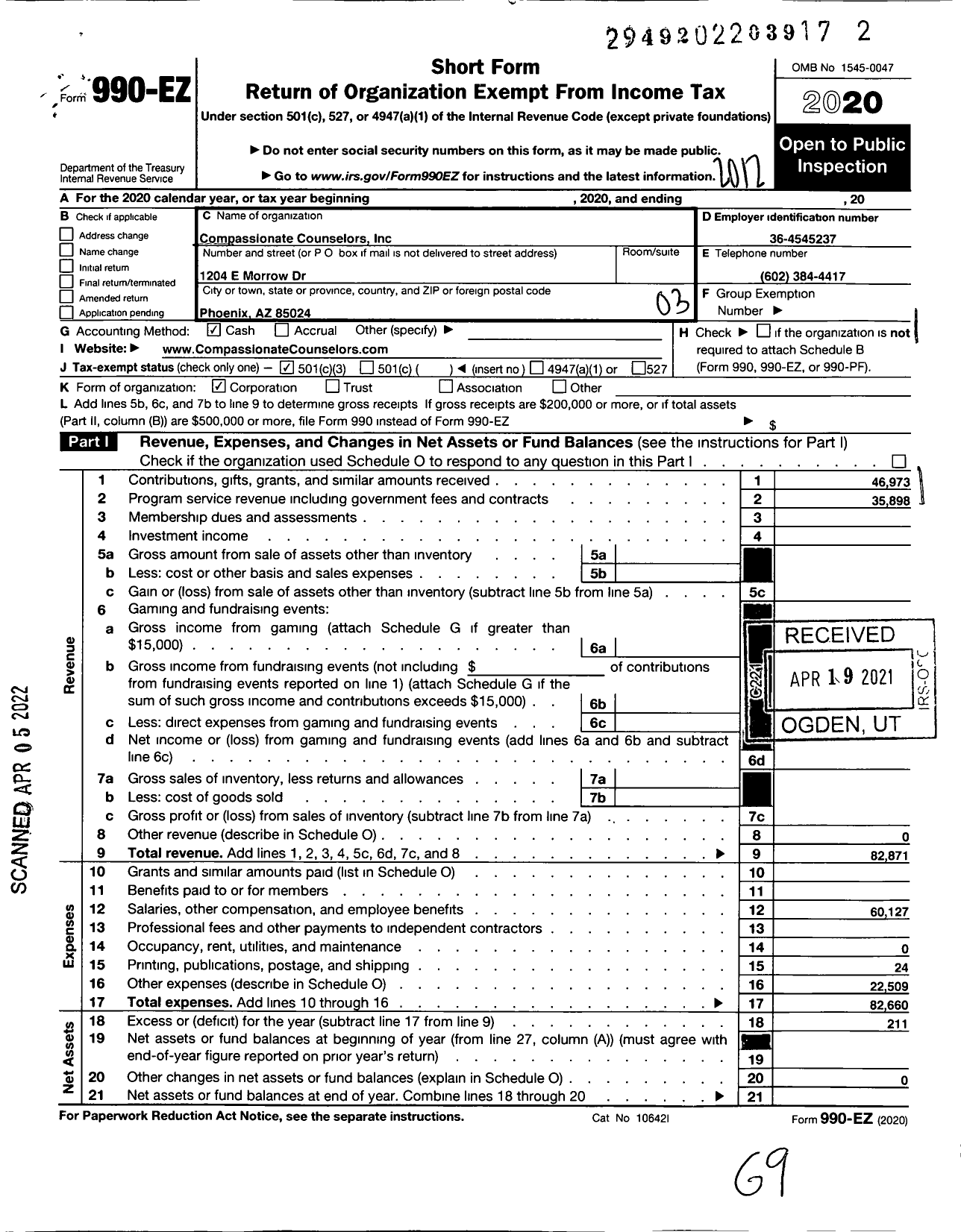 Image of first page of 2020 Form 990EZ for Compassionate Counselors