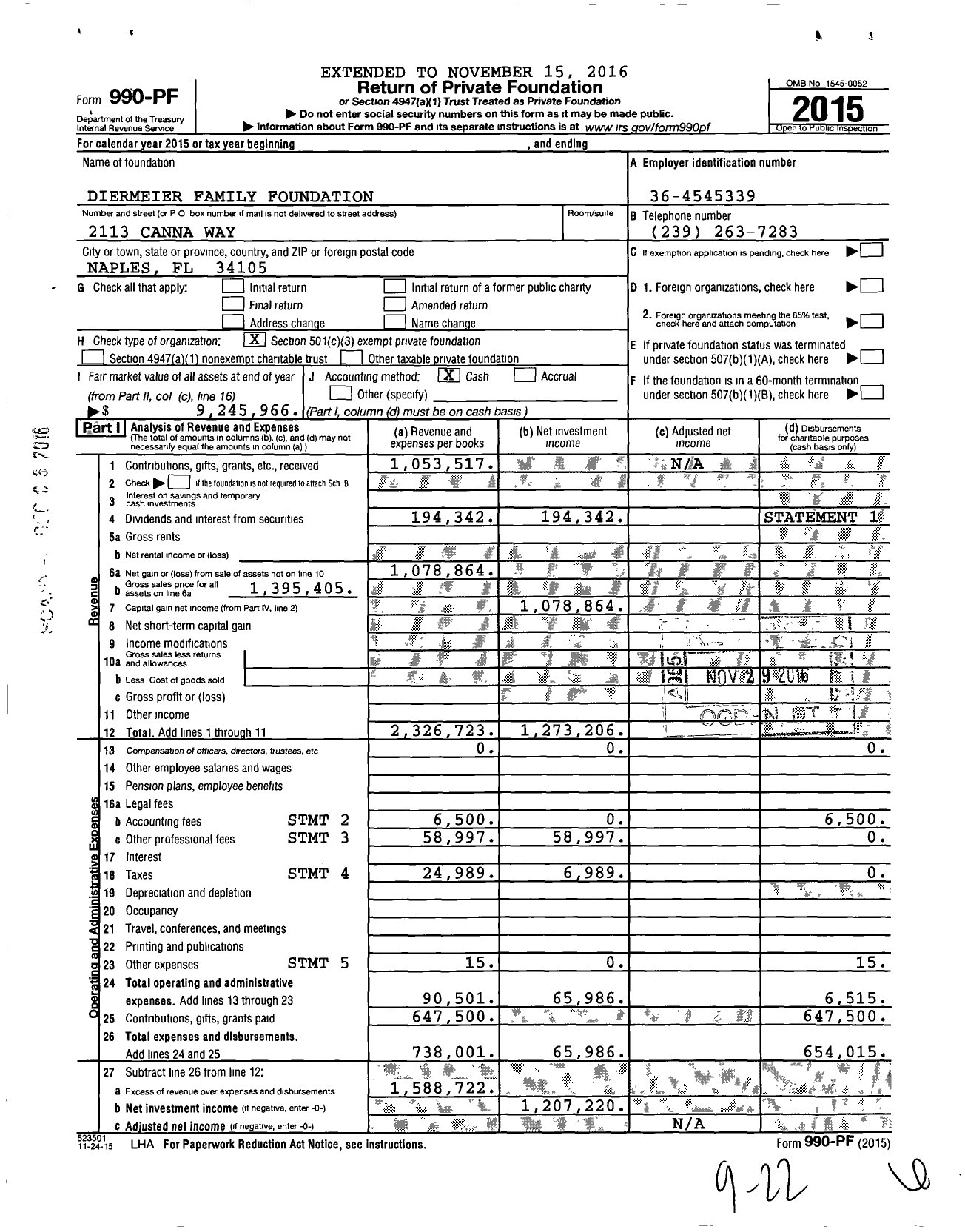 Image of first page of 2015 Form 990PF for Diermeier Family Foundation