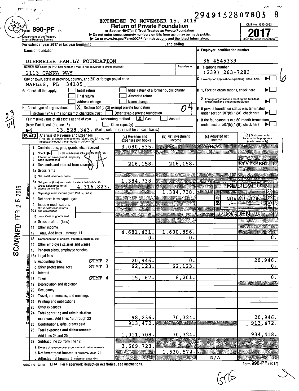 Image of first page of 2017 Form 990PF for Diermeier Family Foundation