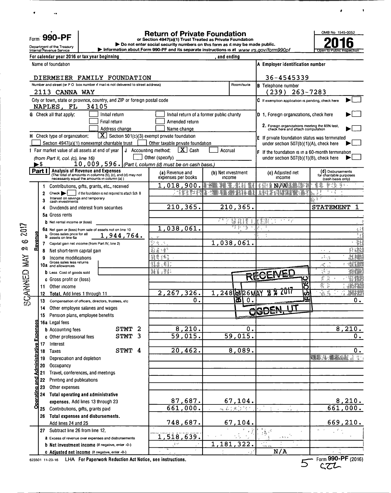 Image of first page of 2016 Form 990PF for Diermeier Family Foundation