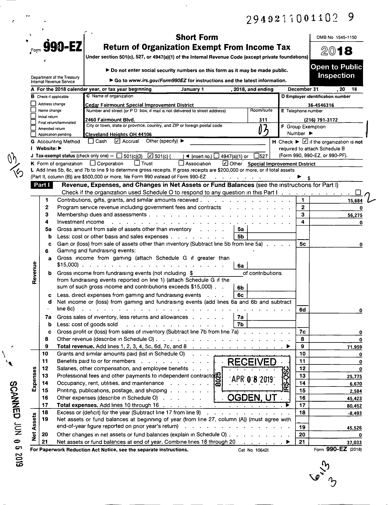 Image of first page of 2018 Form 990EZ for Cedar Fairmount SID