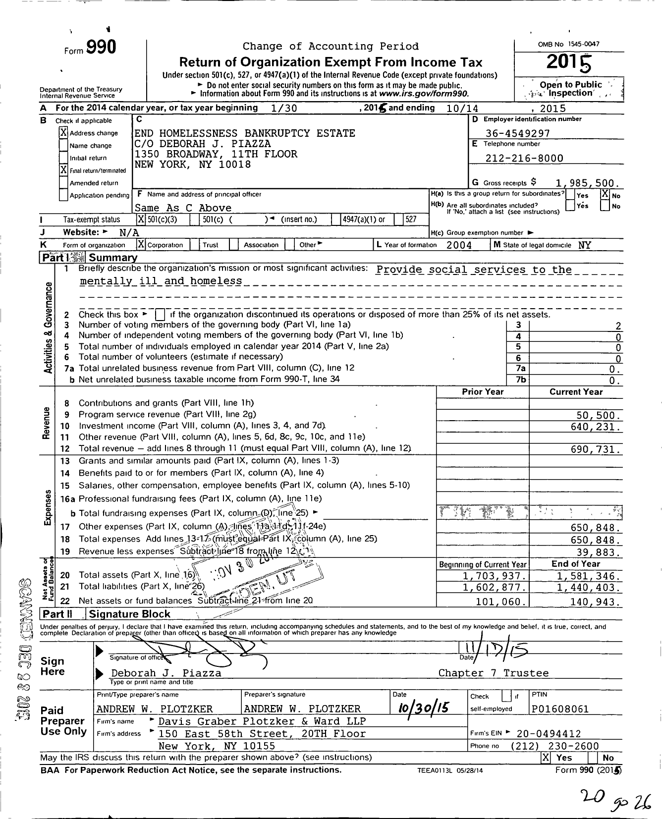 Image of first page of 2014 Form 990 for End Homelessness