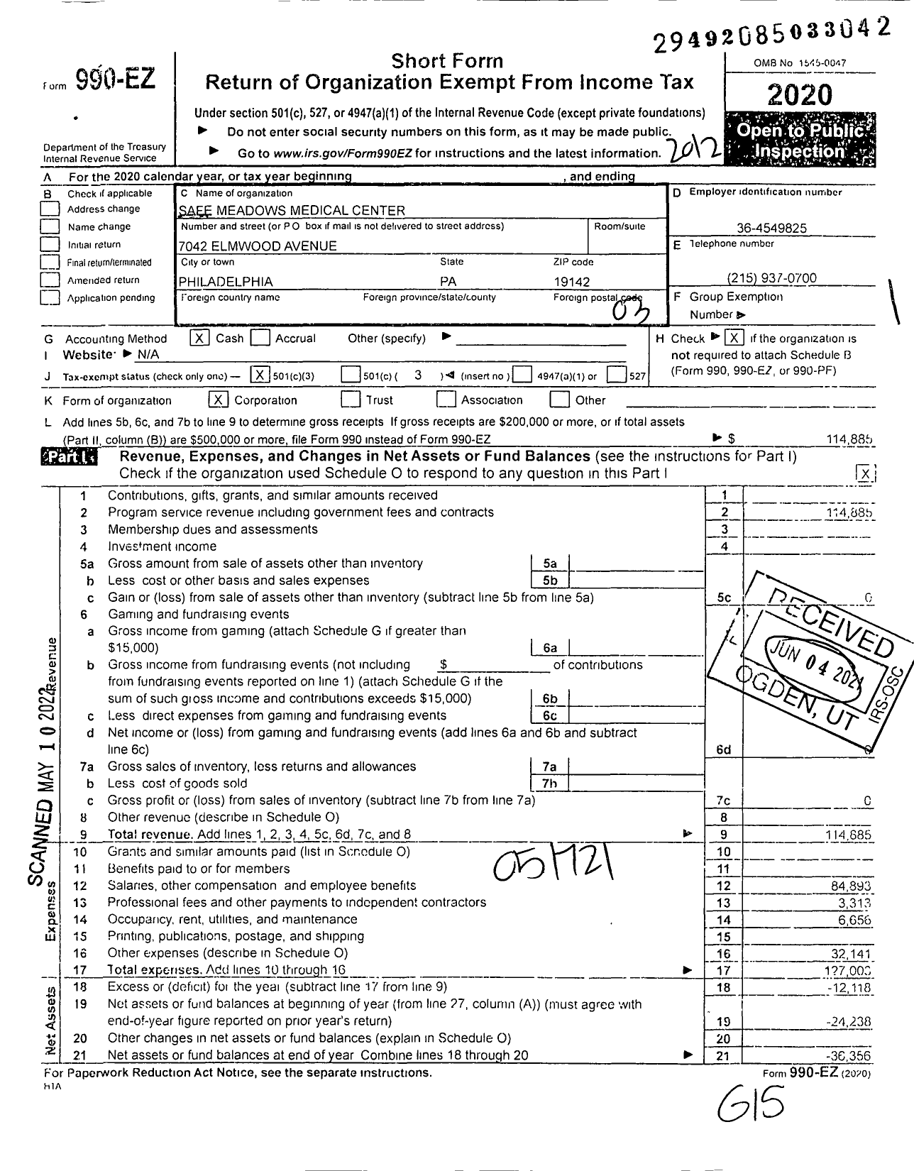 Image of first page of 2020 Form 990EZ for Safe Meadows Medical Center