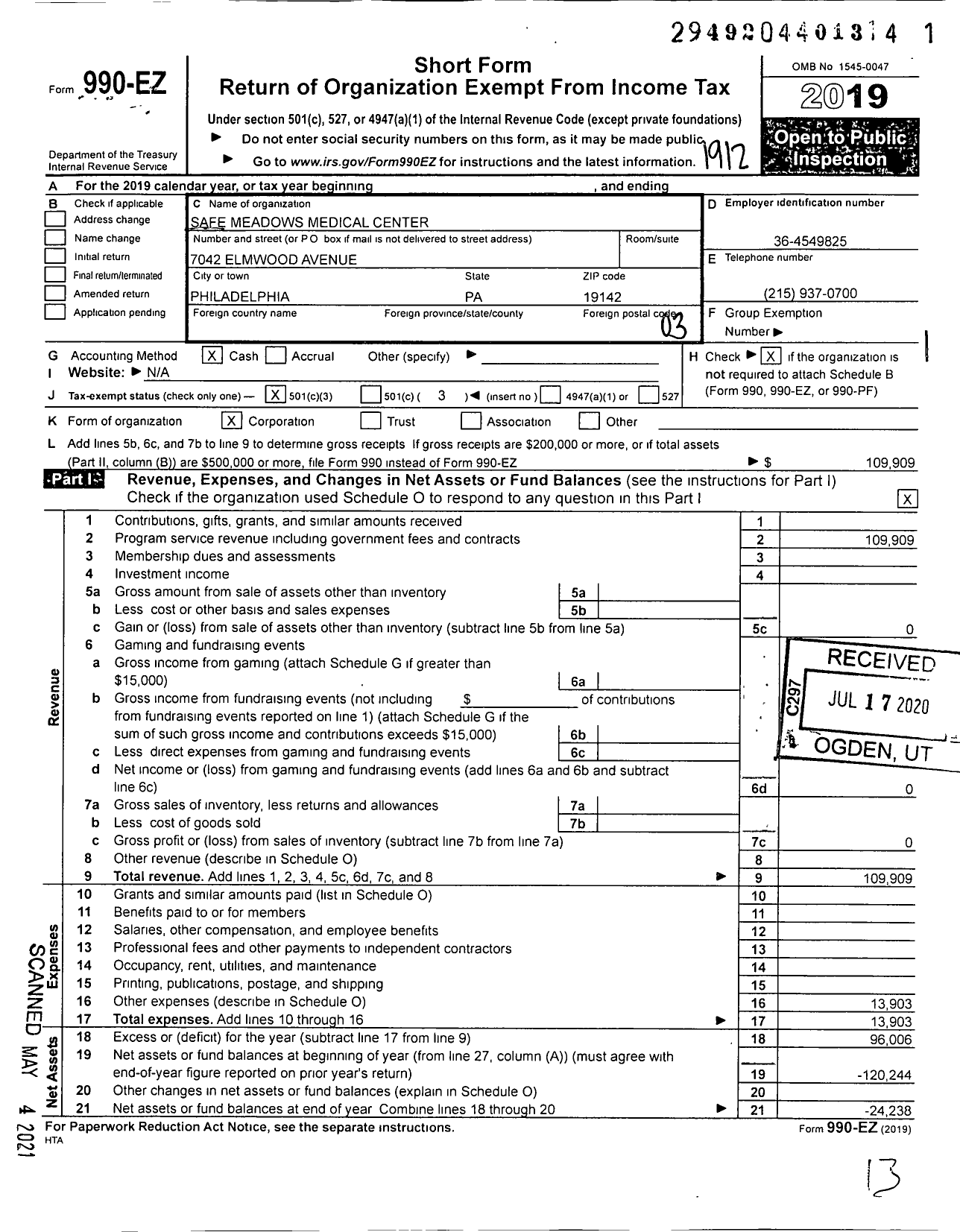 Image of first page of 2019 Form 990EZ for Safe Meadows Medical Center