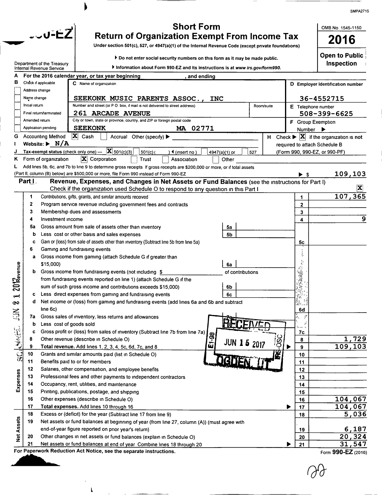 Image of first page of 2016 Form 990EZ for Seekonk Music Parents Association