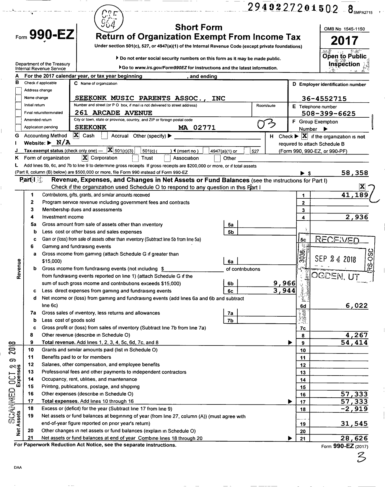 Image of first page of 2017 Form 990EZ for Seekonk Music Parents Association