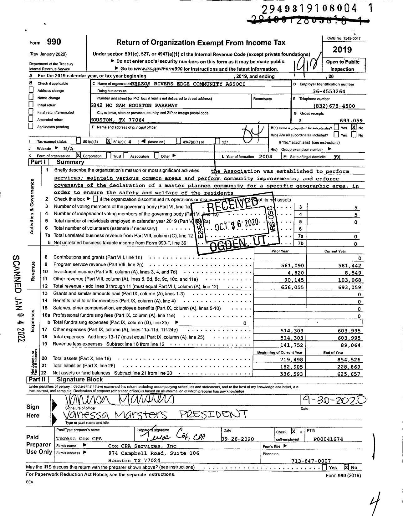 Image of first page of 2019 Form 990O for Brazos Rivers Edge Community Associ