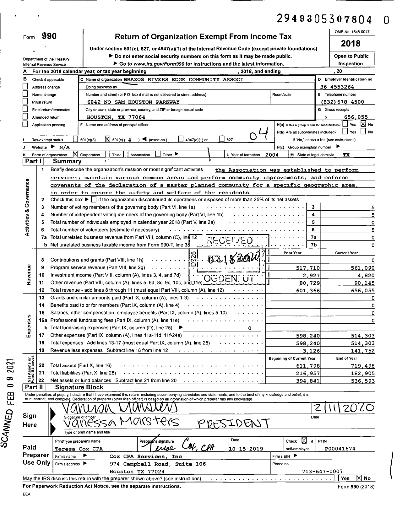 Image of first page of 2018 Form 990O for Brazos Rivers Edge Community Associ