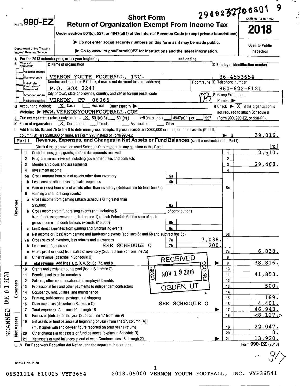 Image of first page of 2018 Form 990EZ for Vernon Youth Football