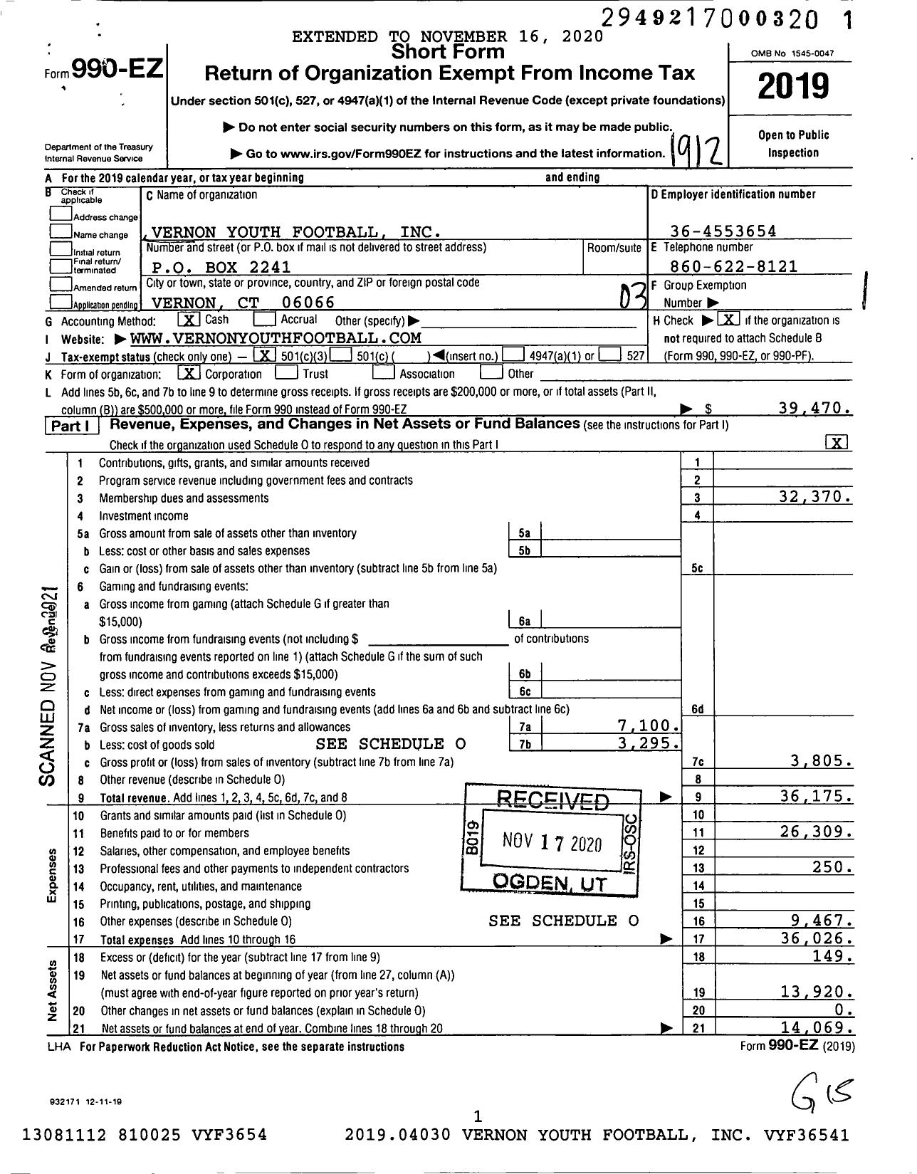 Image of first page of 2019 Form 990EZ for Vernon Youth Football