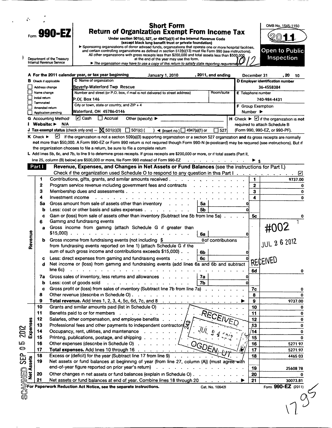 Image of first page of 2010 Form 990EZ for Beverly-Waterford TWP Rescue