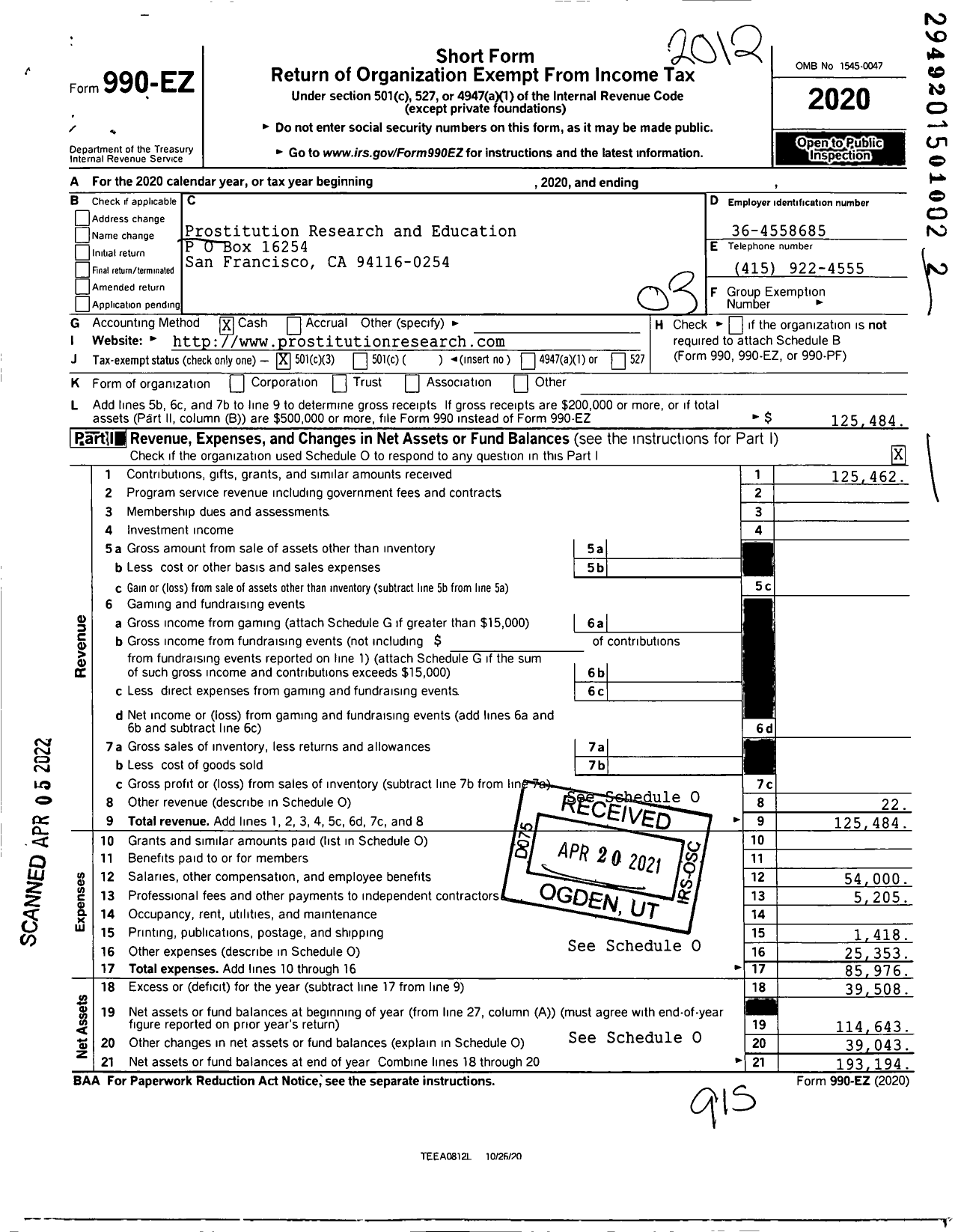 Image of first page of 2020 Form 990EZ for Prostitution Research and Education