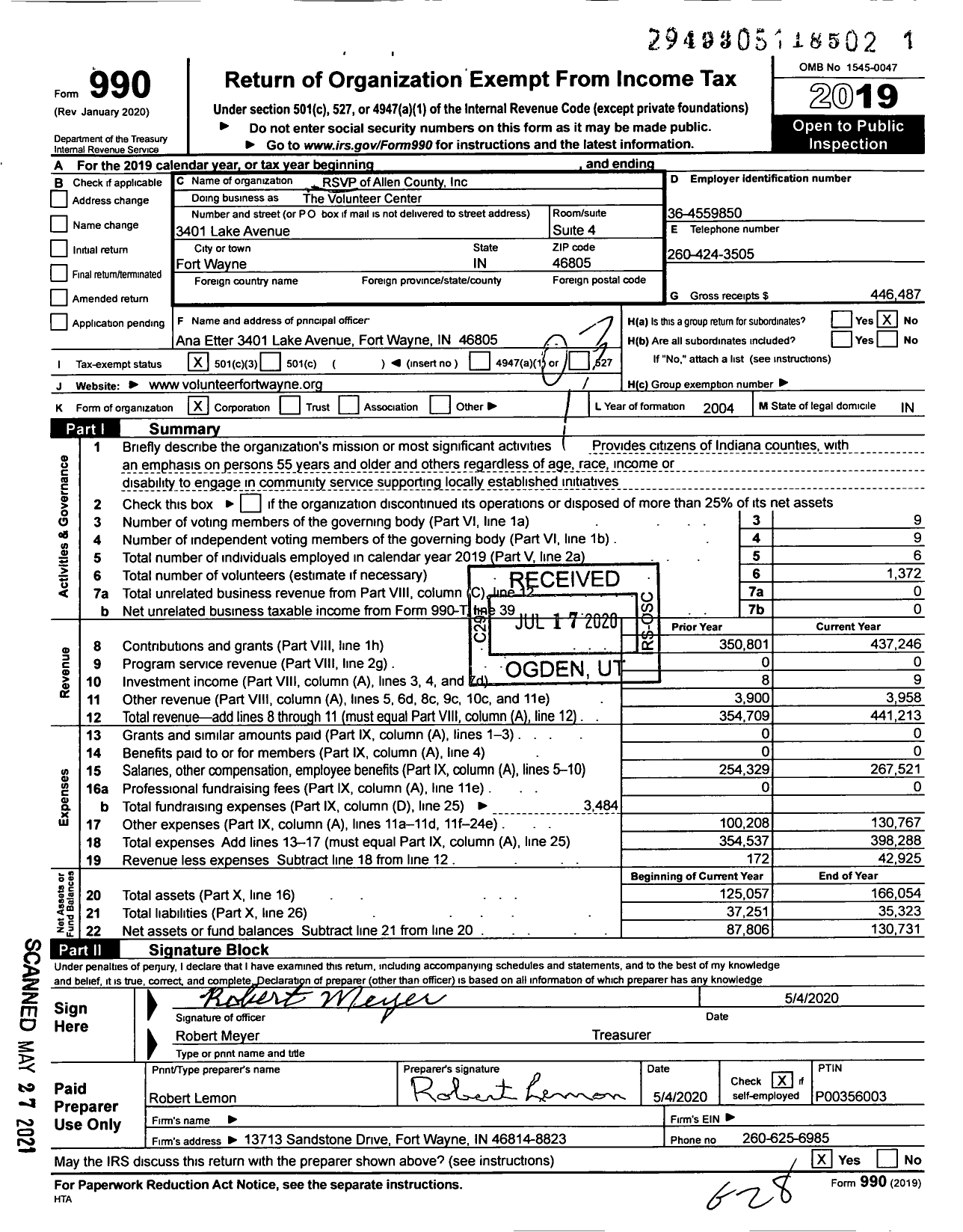 Image of first page of 2019 Form 990 for The Volunteer Center / RSVP of Allen County Inc