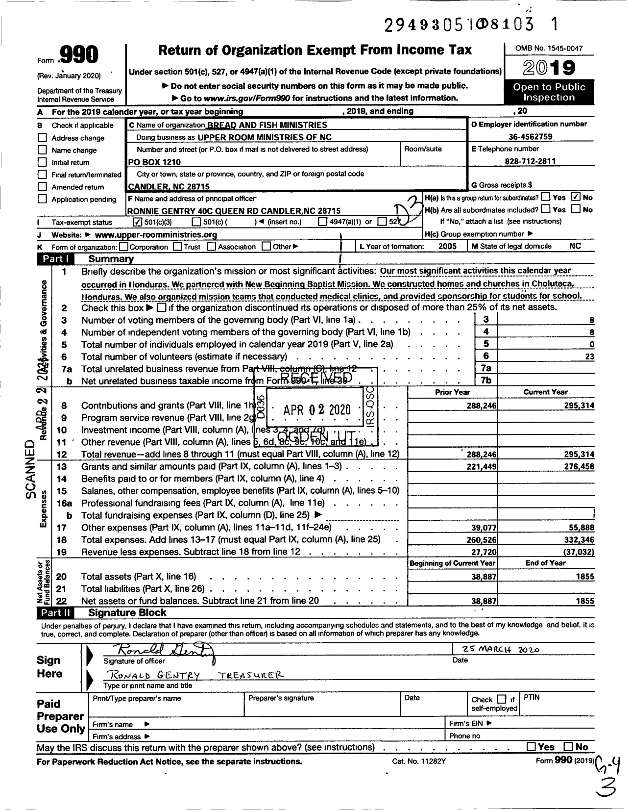 Image of first page of 2019 Form 990 for Upper Room Ministries of NC / Bread & Fish Ministries