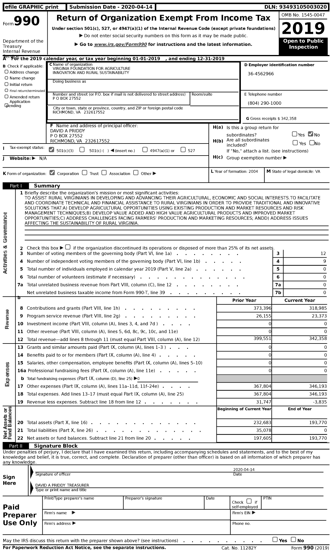 Image of first page of 2019 Form 990 for Virginia Foundation for Agriculture Innovation and Rural Sustainability