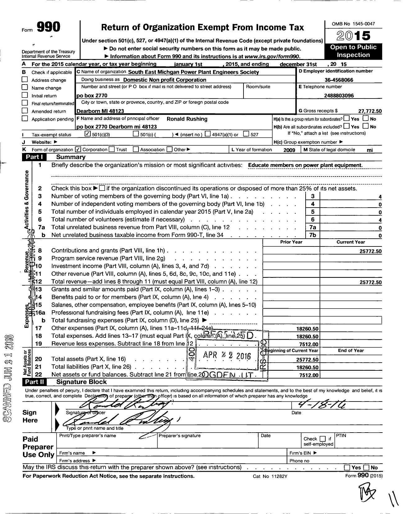 Image of first page of 2015 Form 990 for South East Michigan Power Plant Engineers Society