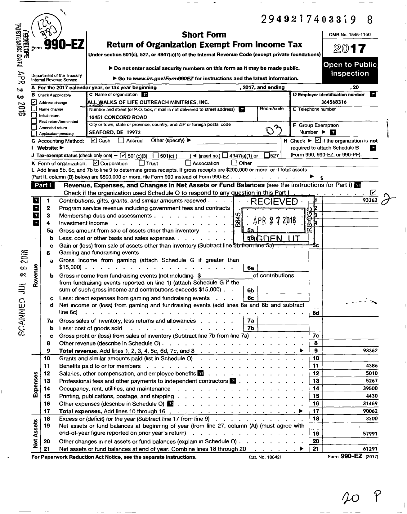 Image of first page of 2017 Form 990EZ for All Walks of Life Outreach Ministries