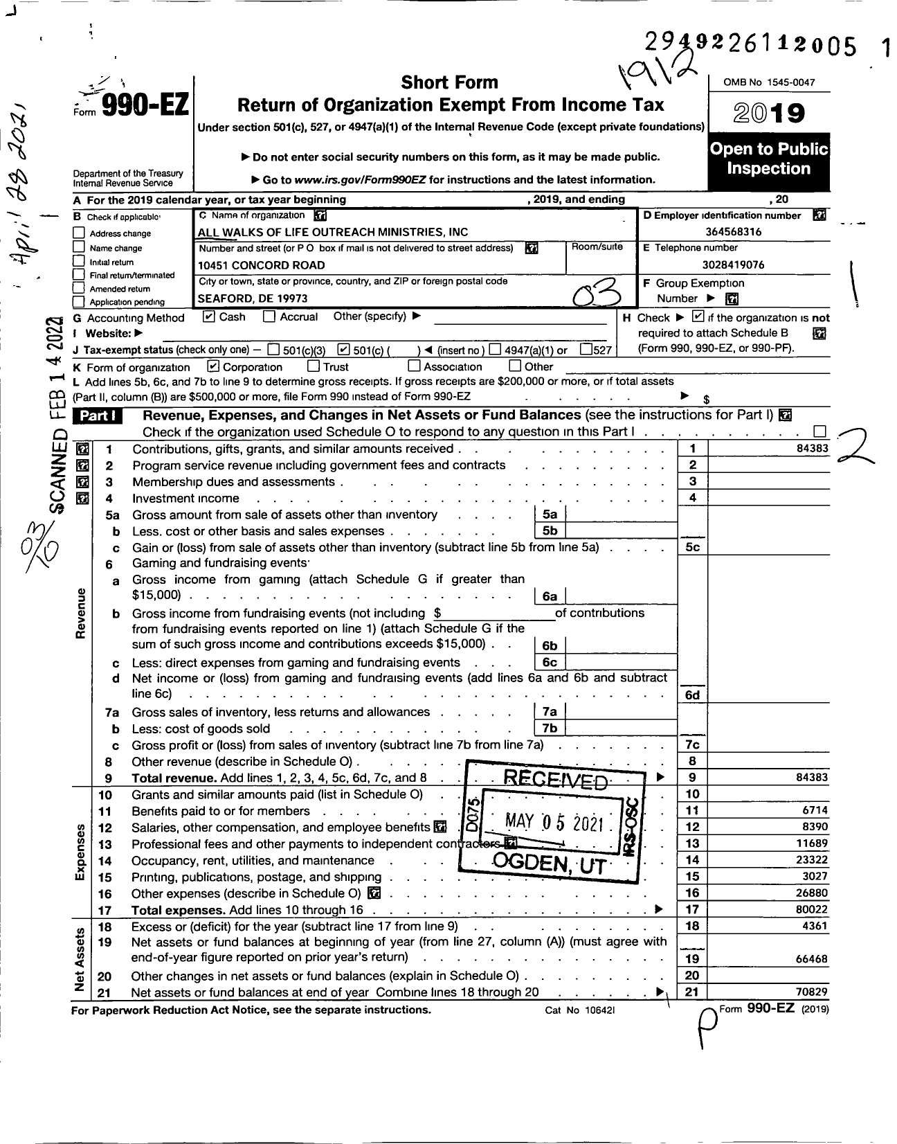 Image of first page of 2019 Form 990EZ for All Walks of Life Outreach Ministries