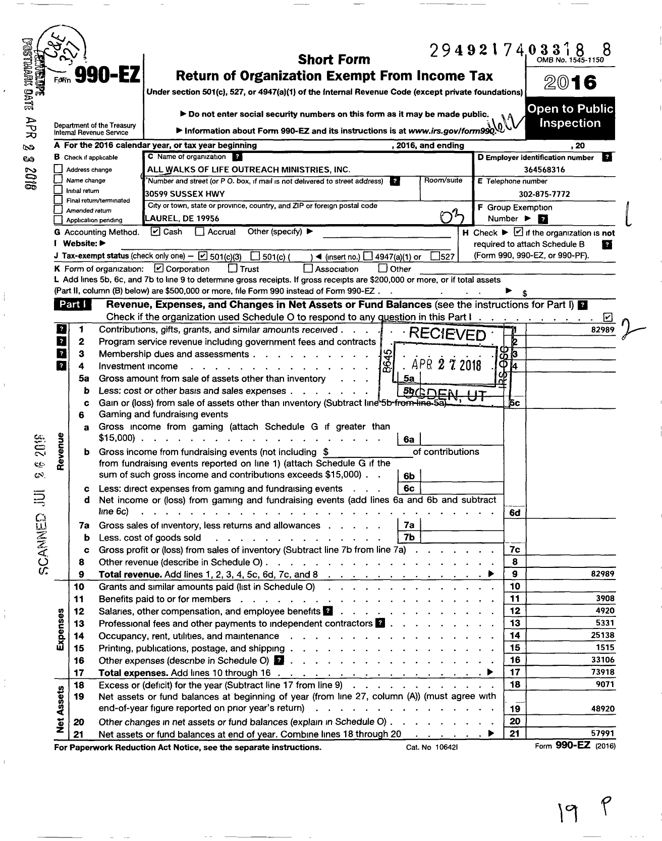 Image of first page of 2016 Form 990EZ for All Walks of Life Outreach Ministries