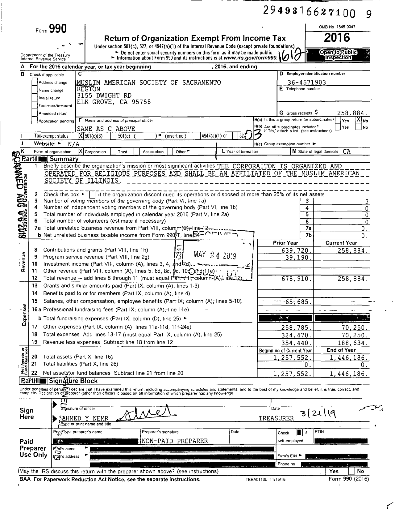 Image of first page of 2016 Form 990 for Muslim American Society of Sacramento Region