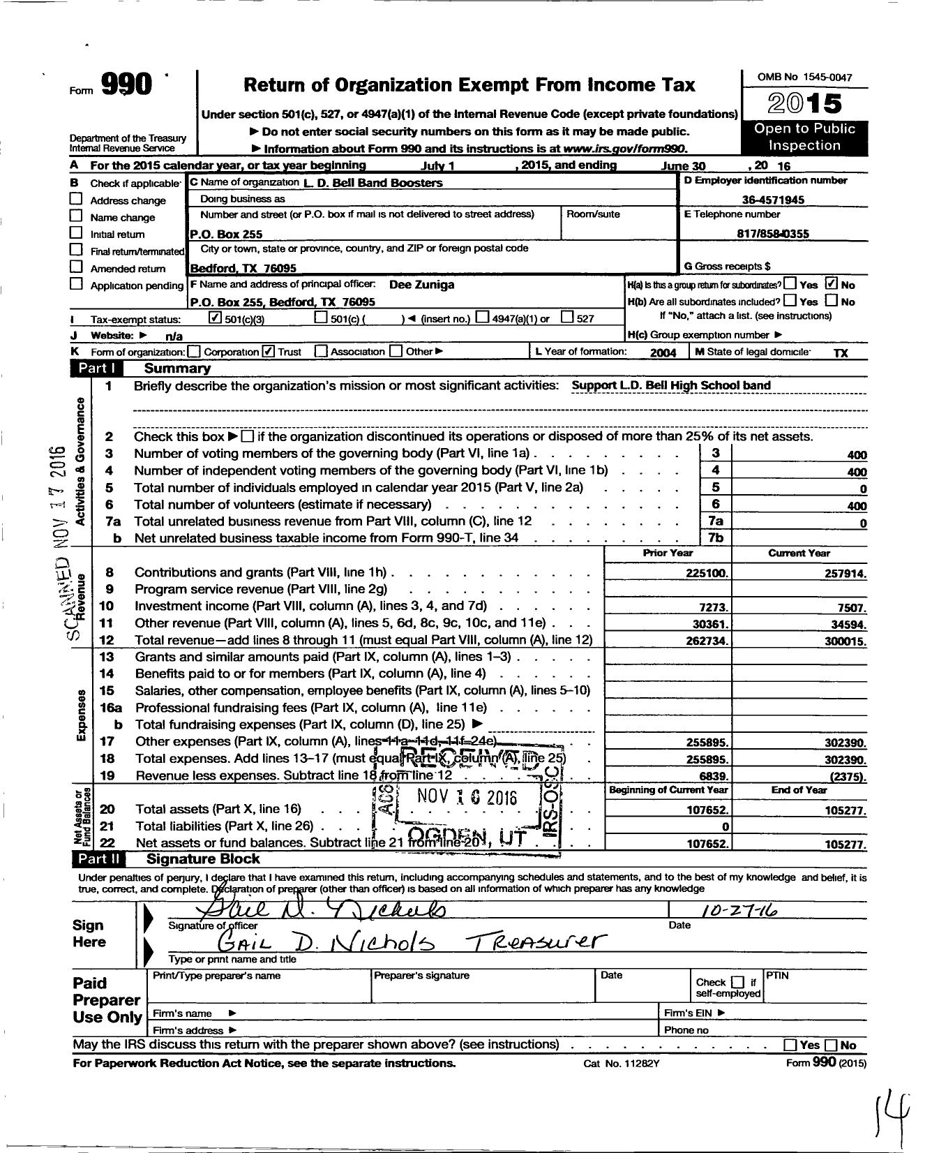 Image of first page of 2015 Form 990 for L D Bell Band Boosters