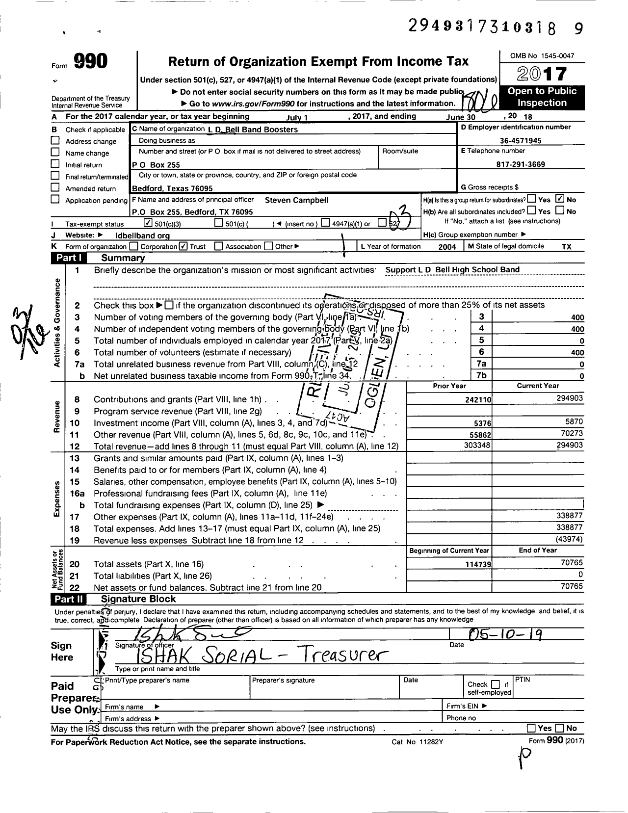 Image of first page of 2017 Form 990 for L D Bell Band Boosters