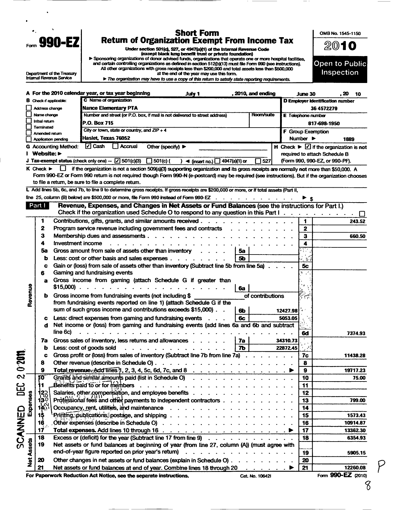 Image of first page of 2009 Form 990EZ for Texas PTA - Nance Elementary PTA