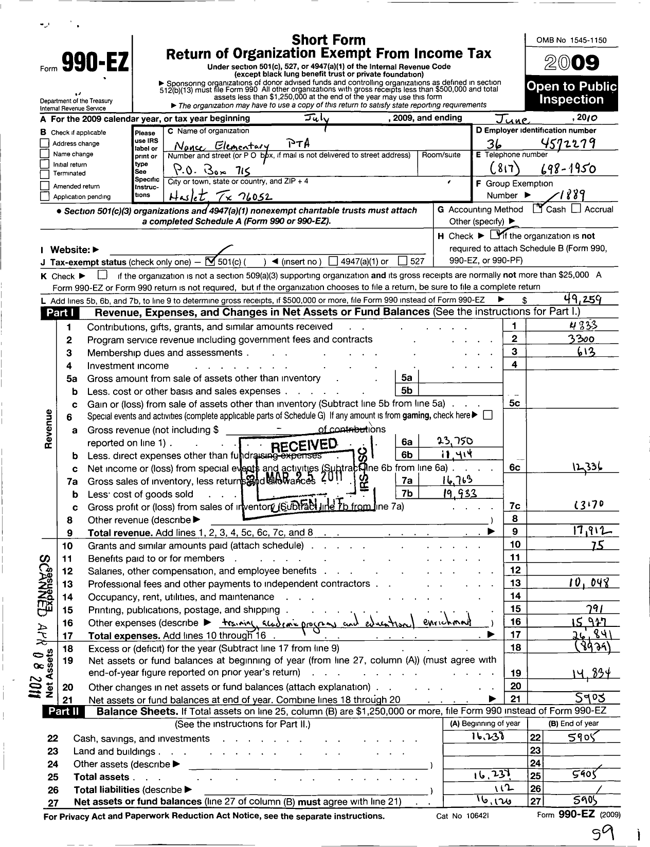 Image of first page of 2009 Form 990EO for Texas PTA - Nance Elementary PTA