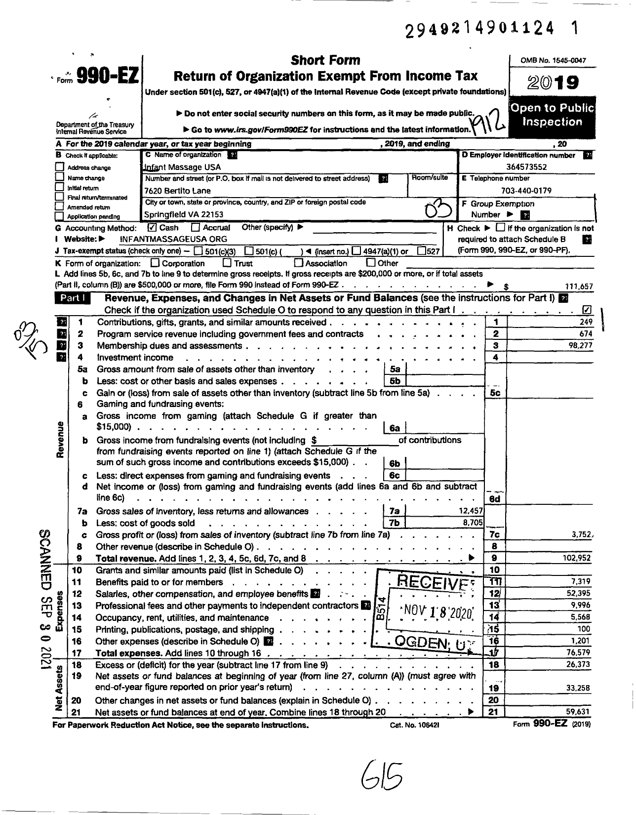 Image of first page of 2019 Form 990EZ for Infant Massage USA