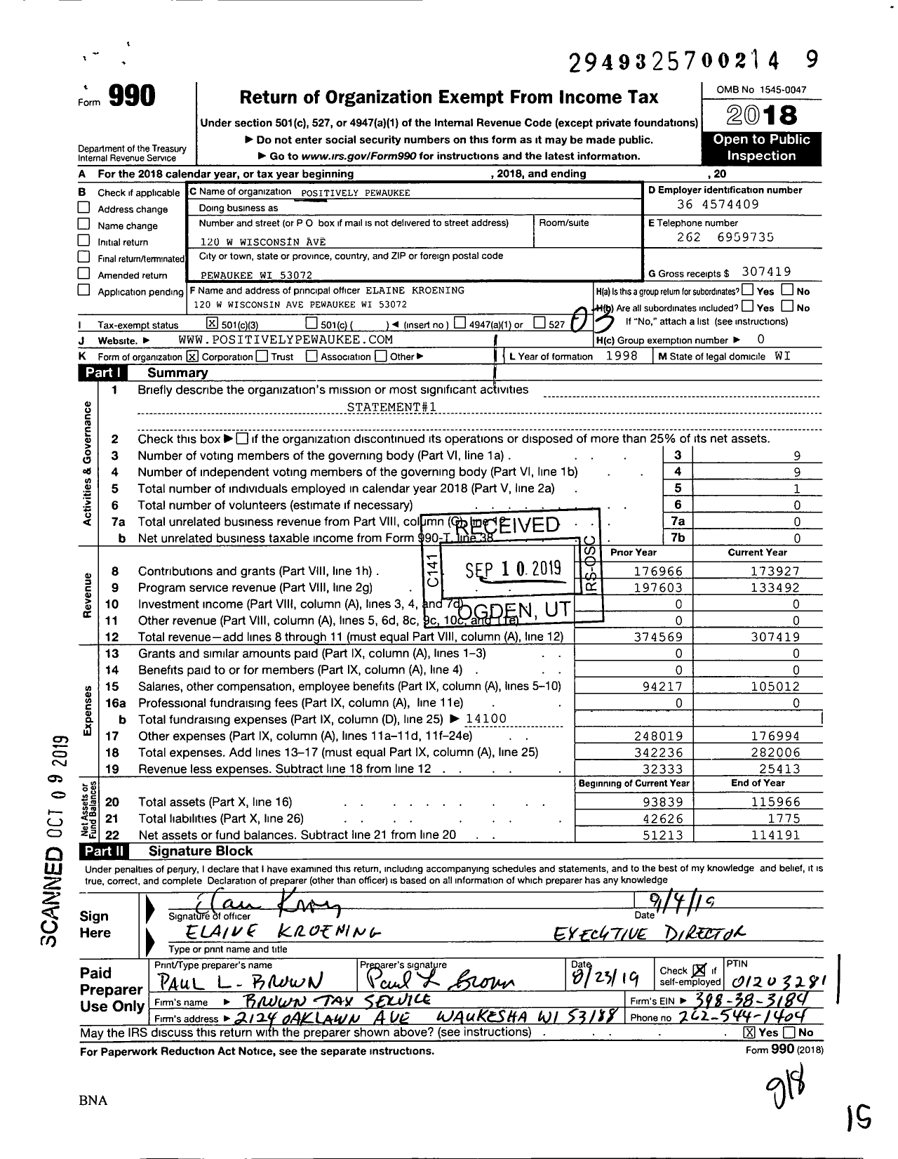 Image of first page of 2018 Form 990 for Positively Pewaukee