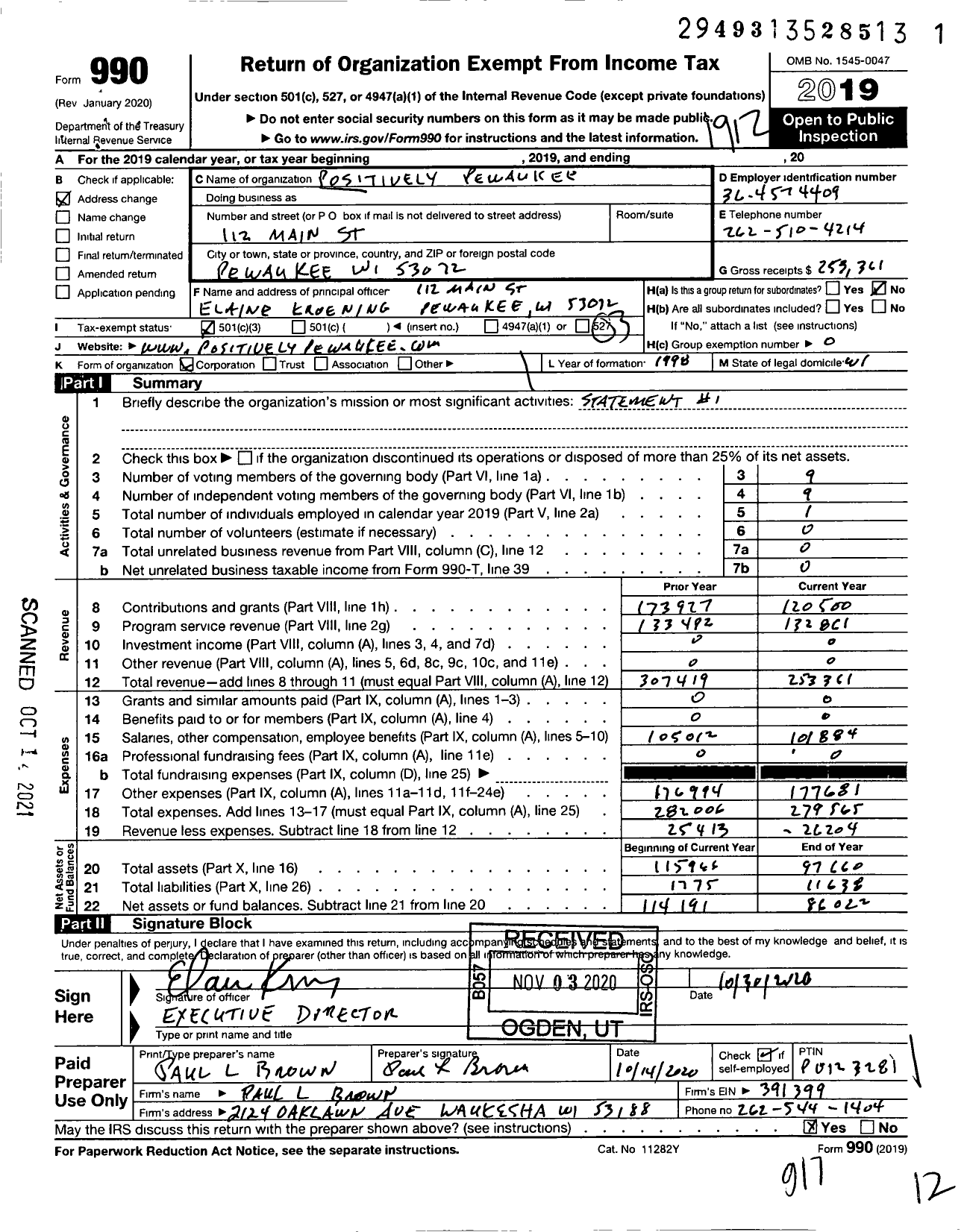 Image of first page of 2019 Form 990 for Positively Pewaukee