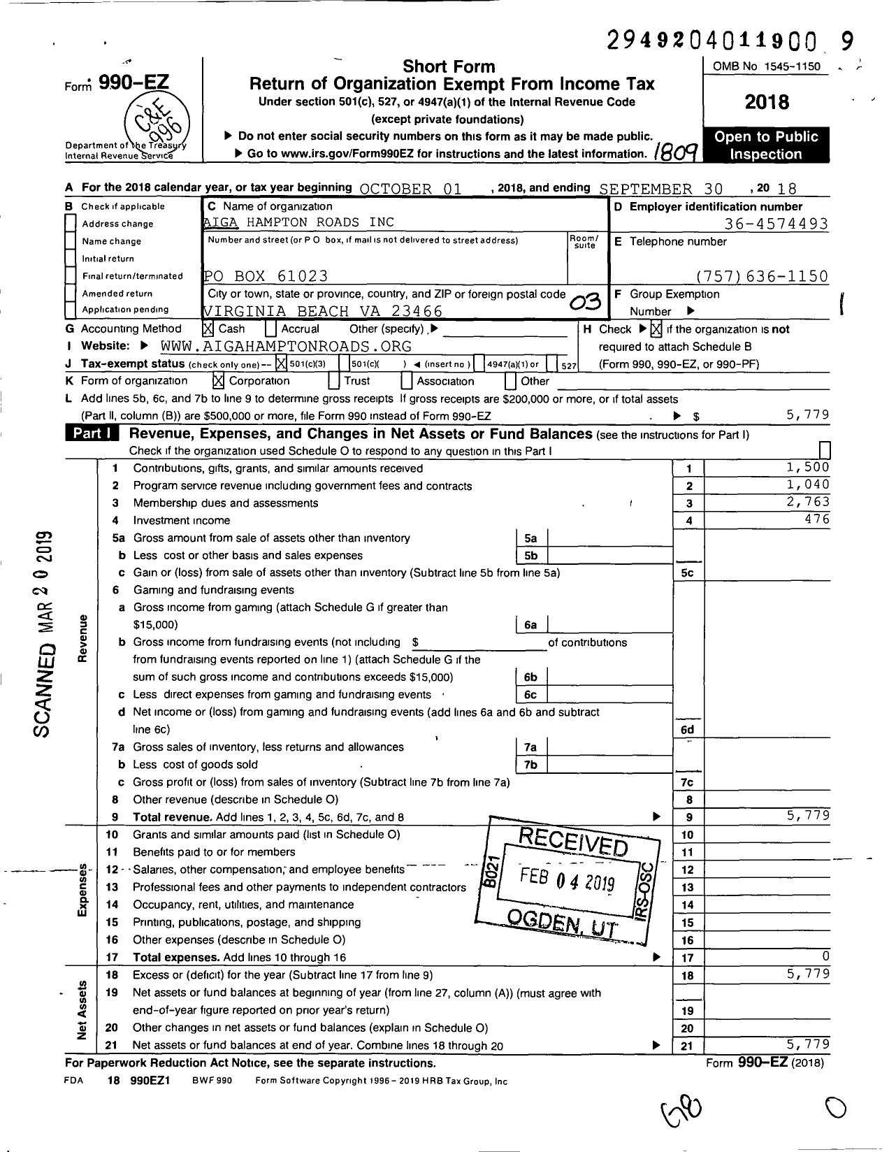 Image of first page of 2017 Form 990EZ for American Institute of Graphic Arts / Hampton Roads