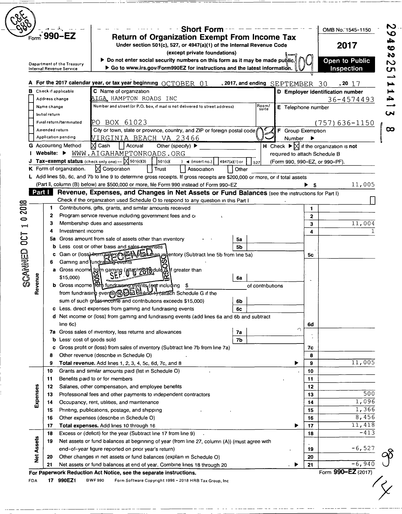 Image of first page of 2016 Form 990EZ for American Institute of Graphic Arts / Hampton Roads