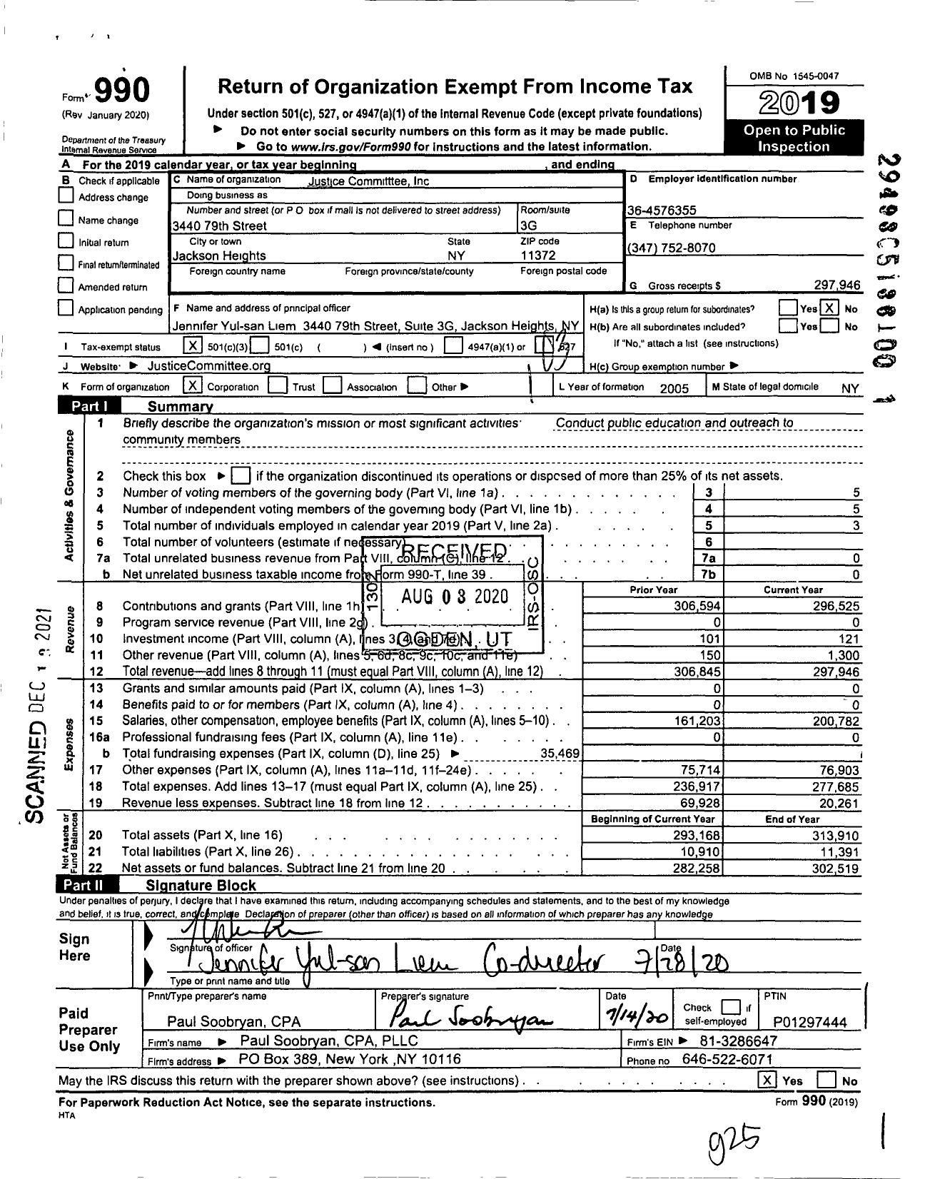 Image of first page of 2019 Form 990 for Justice Committee