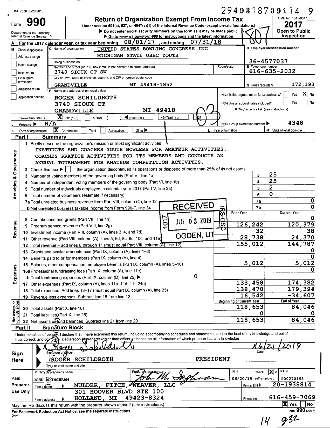 Image of first page of 2017 Form 990 for United States Bowling Congress - 85583 Michigan State Usbc Youth