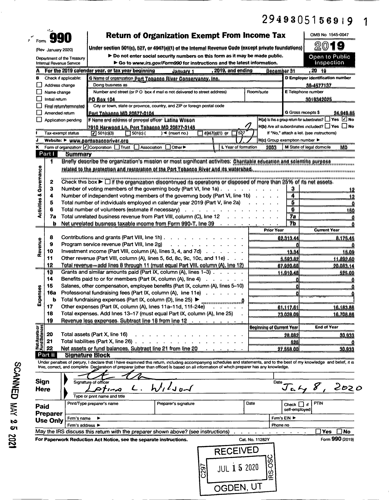 Image of first page of 2019 Form 990 for Port Tobacco River Conservancy