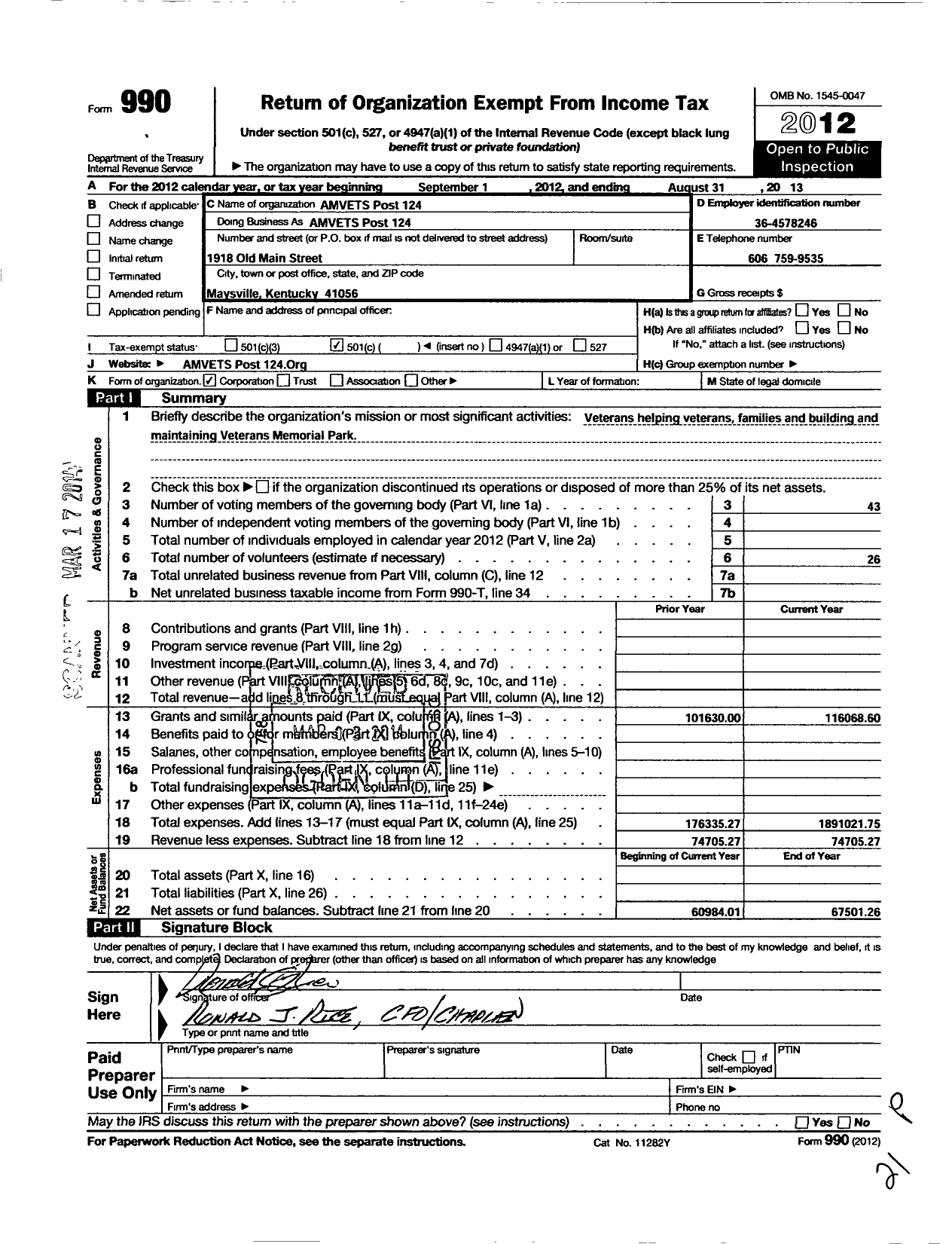 Image of first page of 2012 Form 990O for Amvets - 124 Amvets Post
