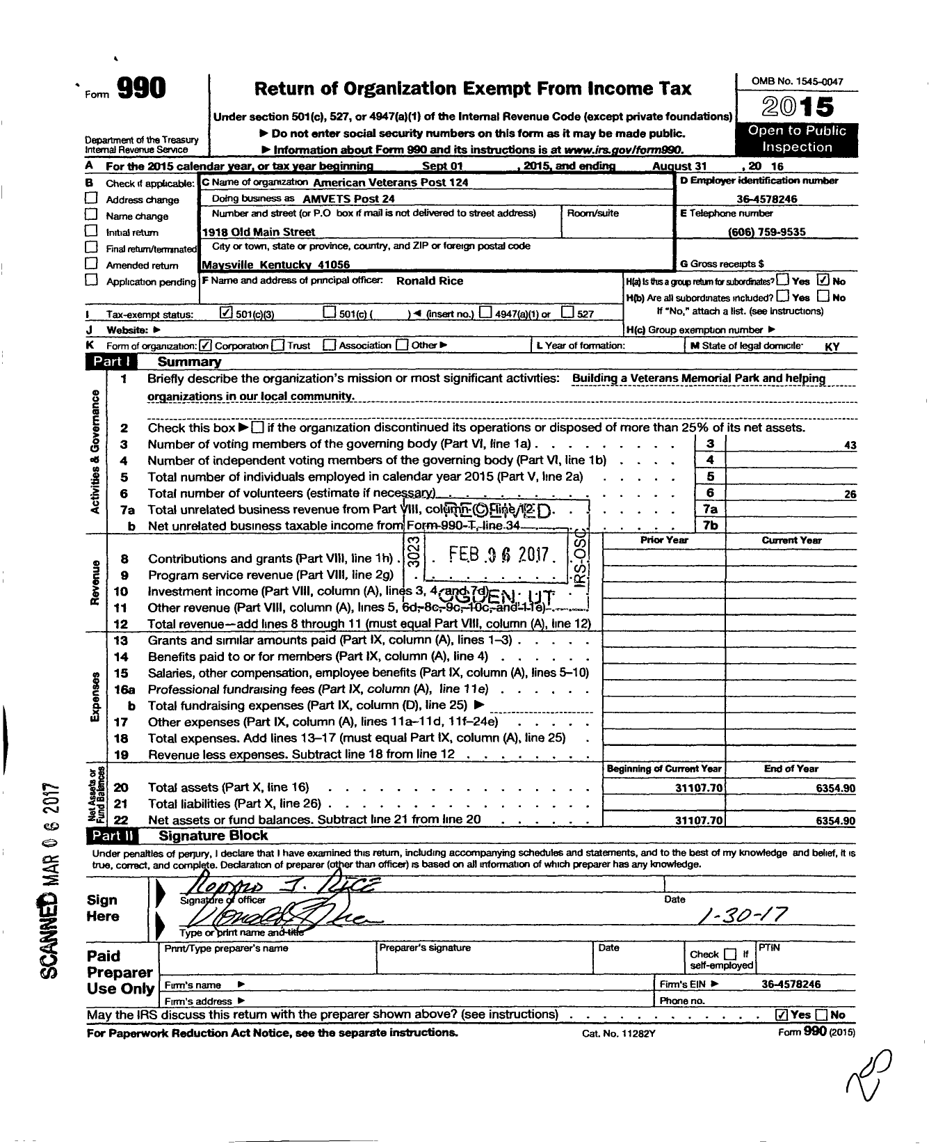 Image of first page of 2015 Form 990 for Amvets - 124 Amvets Post