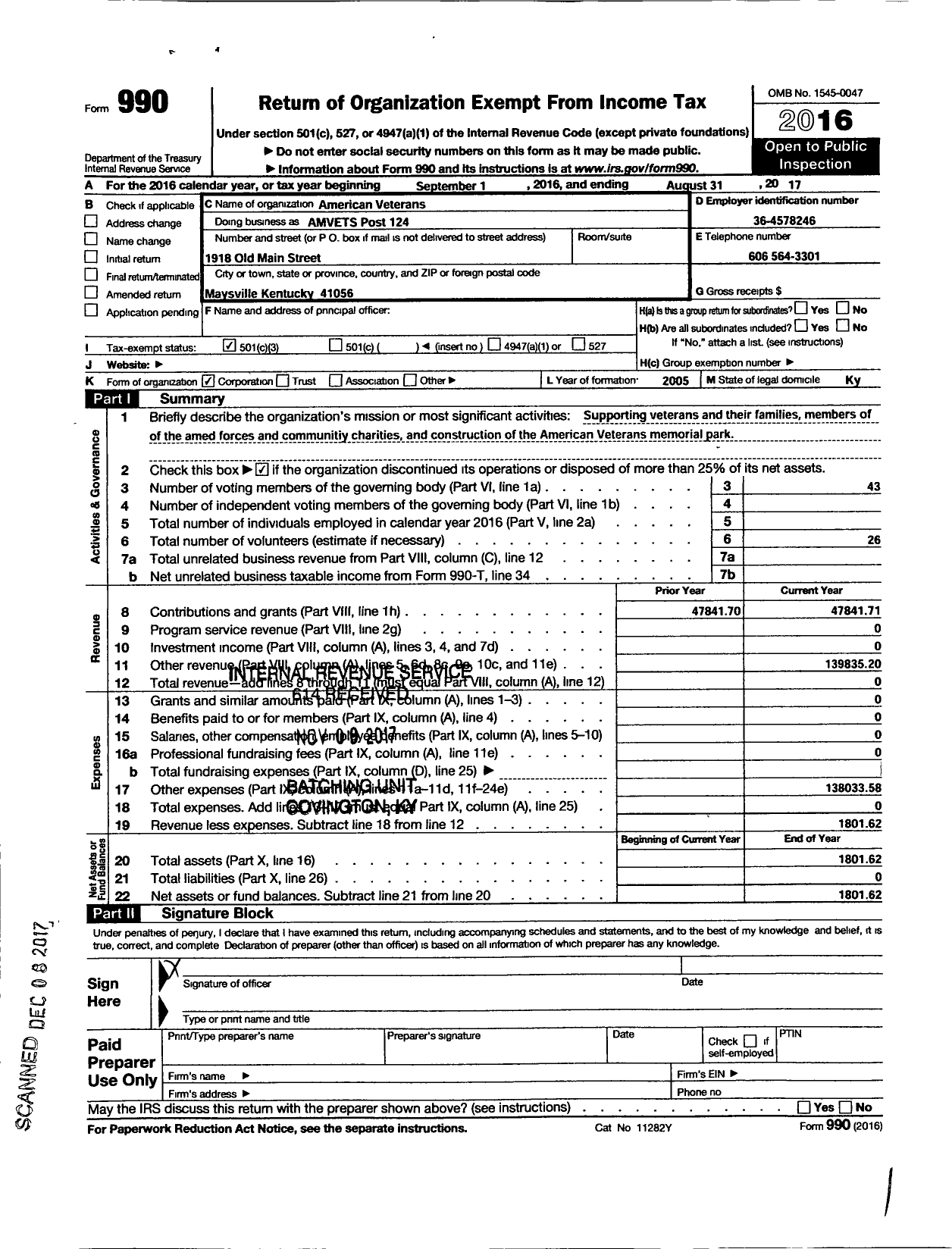 Image of first page of 2016 Form 990 for Amvets - 124 Amvets Post