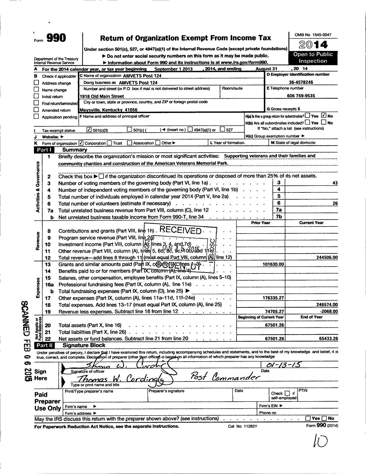 Image of first page of 2013 Form 990 for Amvets - 124 Amvets Post