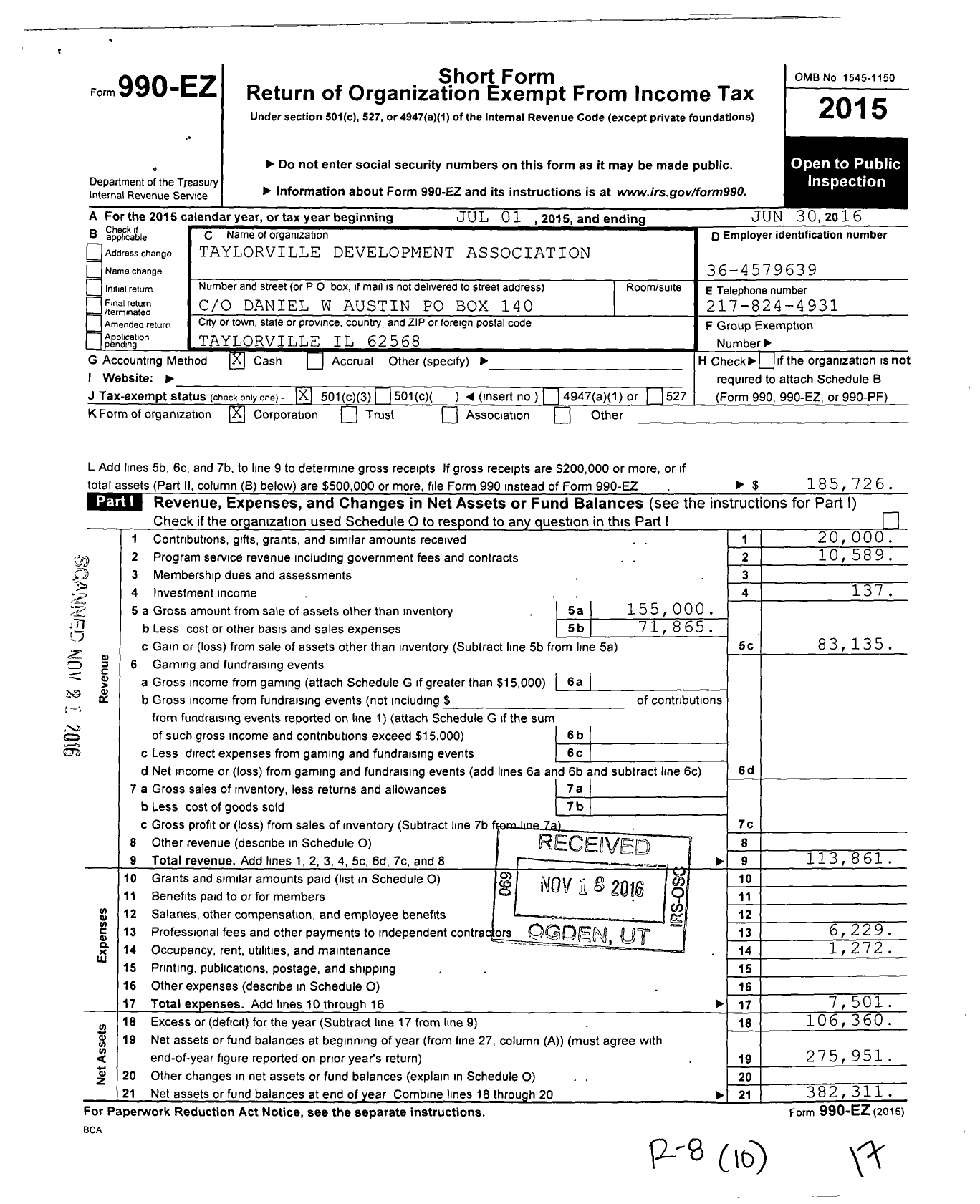 Image of first page of 2015 Form 990EZ for Taylorville Development Associ