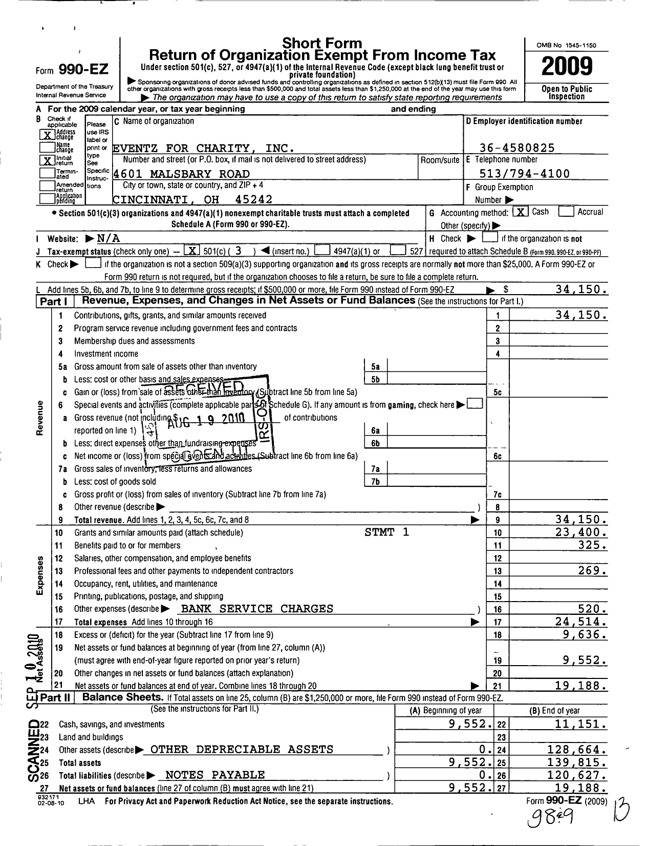 Image of first page of 2009 Form 990EZ for Eventz for Charity