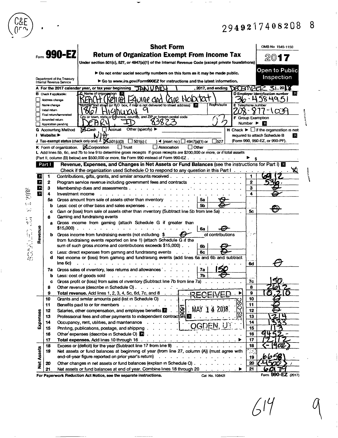 Image of first page of 2017 Form 990EZ for Reach Retired Equine and Care Habitat